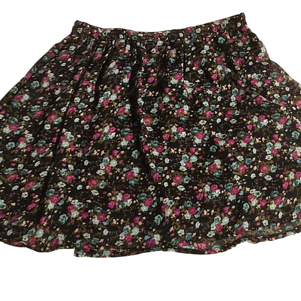 Tramp Floral Mini Skirt Black Pink Blue Chiffon Lined Side Zip Boho Small